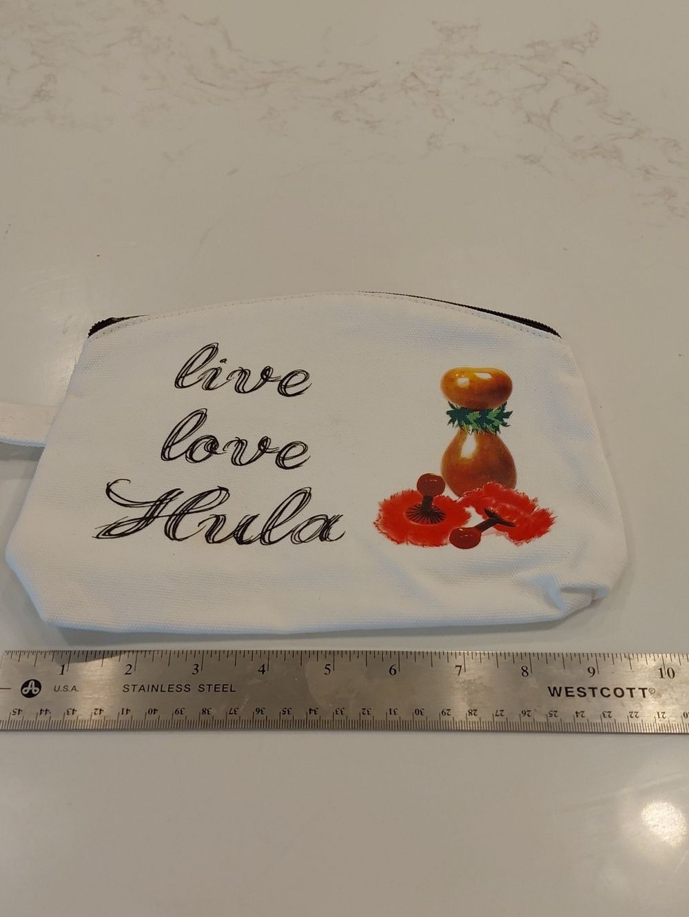 NEW Live Love Hula White Canvas Zip Pouch with Red Hawaiian Design